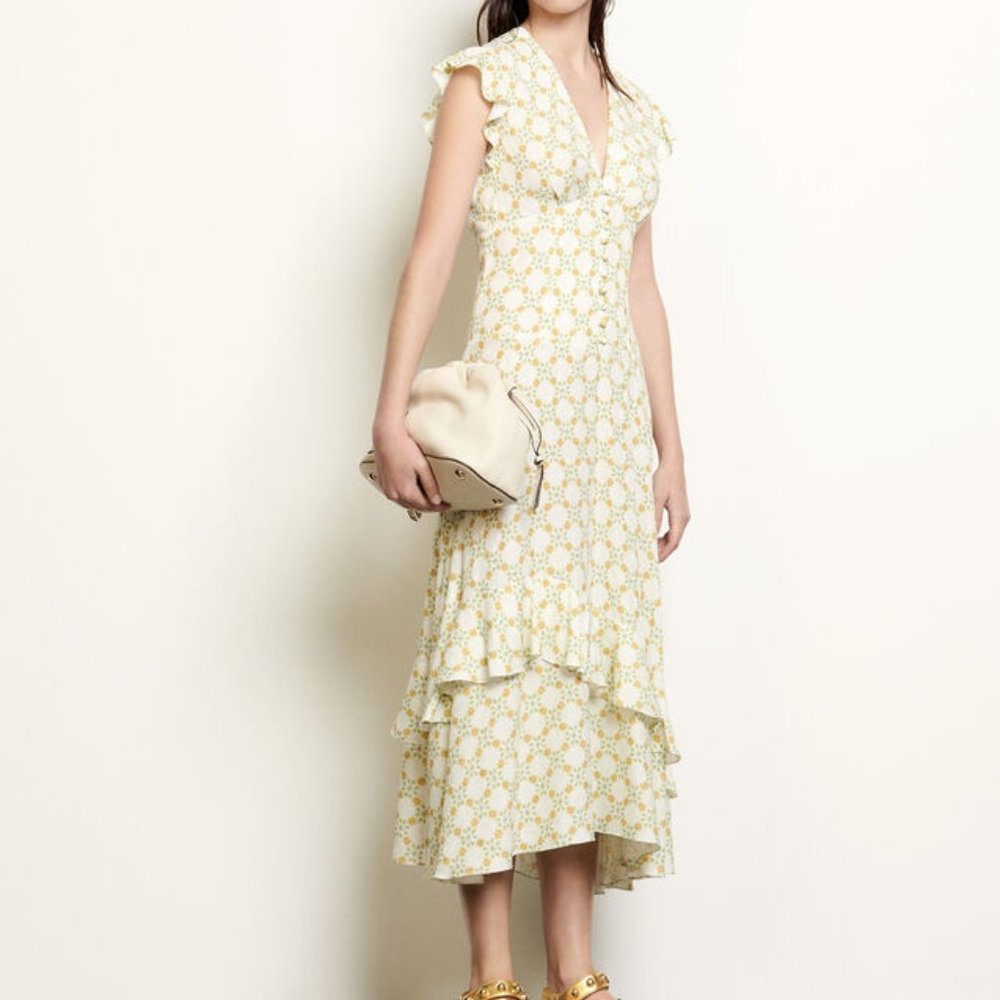 Sandro Cream and Pale Yellow Floral Ruffle Maxi Dress